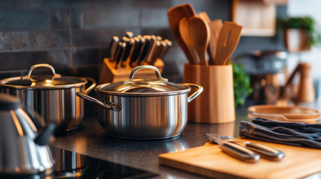 A sleek kitchen scene featuring stainless steel pots, utensils, and wooden cutting boards. Ideal for showcasing modern cooking and preparation styles.の素材