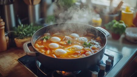 A steaming pot of delicious ingredients simmers on the stove, capturing the essence of home-cooked comfort in a warm and inviting kitchen.の素材