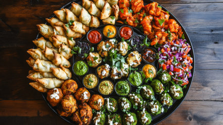 A vibrant platter showcasing a variety of Indian snacks, including crispy samosas, spiced bites, and colorful chutneys, perfect for sharing at gatherings.の素材