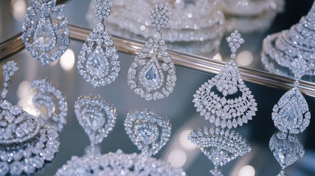 A stunning display of elegant silver jewelry featuring intricate earrings and dazzling diamonds. Perfect for showcasing luxury and sophistication in fashion.の素材