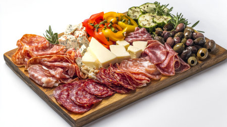 A vibrant charcuterie board featuring an assortment of meats, cheeses, and fresh vegetables. Perfect for gatherings and celebrations. Ideal for food lovers.の素材
