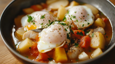 A vibrant bowl featuring poached eggs nestled in a savory mix of vegetables, tomatoes, and potatoes. Perfect for a nutritious breakfast or brunch.の素材