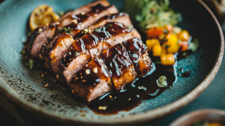 A beautifully plated grilled meat dish drizzled with rich sauce, served with fresh vegetables. Perfect for showcasing gourmet dining and culinary art.の素材