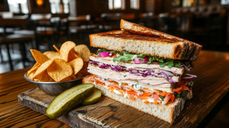 A vibrant gourmet sandwich stacked high with fresh ingredients, served with crunchy chips and pickles. Perfect for a hearty lunch or casual dining experience.の素材