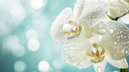 A stunning close-up of an elegant white orchid adorned with water droplets, set against a soothing blurred background, capturing nature's delicate beauty.の素材