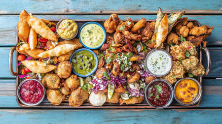 A vibrant platter featuring a variety of delicious appetizers, perfect for sharing at parties or gatherings. Fresh ingredients and bold flavors create an inviting feast.の素材