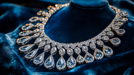 Stunning diamond necklace featuring intricate design elements, showcased elegantly on a soft blue fabric background, perfect for luxury and fashion themes.の素材