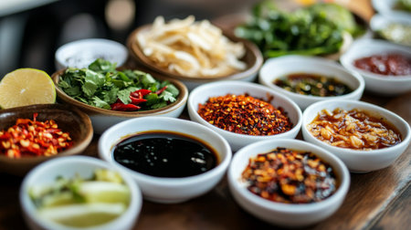 A vibrant display of fresh herbs, spices, and sauces arranged in bowls, perfect for enhancing a variety of dishes with flavor and texture.の素材