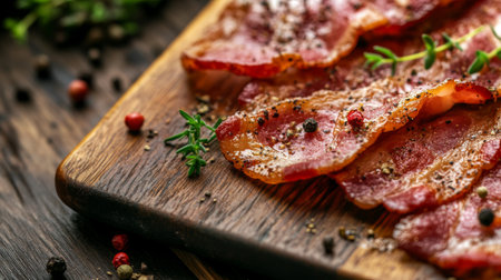Close-up of delicious bacon slices arranged on a rustic wooden board, enhanced with fresh spices and herbs for a flavor-packed culinary experience.の素材