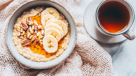 A cozy breakfast bowl featuring oatmeal topped with fresh bananas, nuts, and a drizzle of honey, paired with a warm cup of tea for a wholesome start.の素材