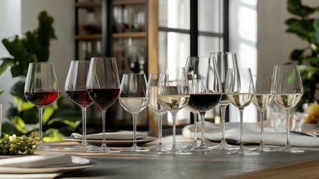 A stylish arrangement of various wine glasses showcasing red and white wines. Ideal for a dining setting or celebration, this image adds elegance to any occasion.の素材