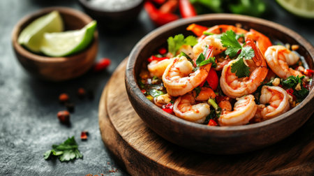 A vibrant shrimp dish featuring fresh ingredients, colorful vegetables, and herbs, perfect for a healthy meal or special occasion. Enjoy the flavors!の素材
