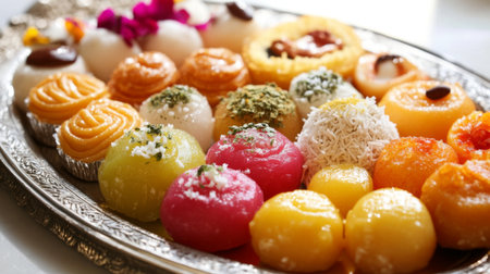 A vibrant platter showcasing a colorful assortment of traditional Indian sweets, perfect for celebrations and festive occasions, appealing to all dessert lovers.の素材