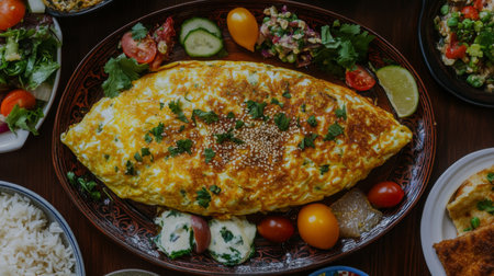 A mouthwatering omelette served on a decorative platter, surrounded by fresh vegetables and herbs, perfect for any mealtime gathering or culinary event.の素材
