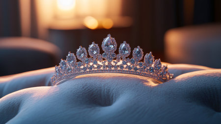 A stunning tiara rests on a soft surface, illuminated by warm light. This elegant accessory captures the essence of luxury and sophistication, perfect for any royal-themed event.の素材