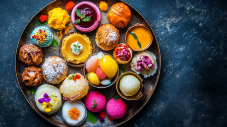 A vibrant platter filled with an assortment of traditional sweets, showcasing colorful desserts perfect for celebrations, festivals, and joyous occasions.の素材