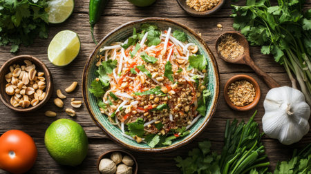 A vibrant vegan salad featuring fresh herbs, crunchy nuts, and colorful vegetables, perfectly arranged on a rustic wooden table, ideal for health-conscious meals.の素材