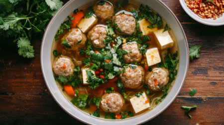A flavorful meatball soup filled with herbs, vegetables, and tender meatballs, serving as a comforting dish that's perfect for any meal or occasion.の素材