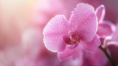 A stunning close-up of a pink orchid adorned with dew drops, showcasing its delicate beauty and vibrant color, perfect for nature and floral themes.の素材