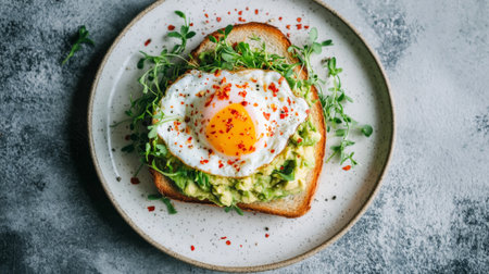 A delicious avocado toast topped with a fried egg and fresh microgreens, creating a wholesome and colorful breakfast option that's perfect for any cafe setting.の素材