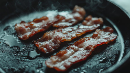 Close-up of crispy bacon sizzling in a skillet, releasing smoke and aroma. Perfect for food lovers seeking breakfast inspiration or cooking ideas.の素材