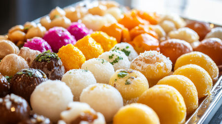 An appealing assortment of colorful sweets displayed beautifully on a tray, perfect for celebrations and festive gatherings. A vibrant feast for the eyes.の素材