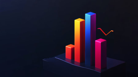 A vibrant 3D bar graph on a dark background showcasing data trends. Ideal for presentations in business, finance, or analytics contexts.の素材