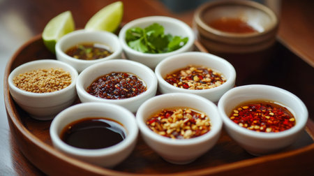 An assortment of sauces and condiments served in small bowls, featuring fresh ingredients like lime and herbs, perfect for enhancing any dish's flavor.の素材