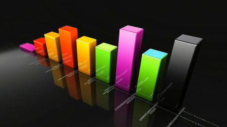 A vibrant bar graph showcasing various colors on a sleek dark background, ideal for visualizing data trends, business growth, and statistical analysis.の素材