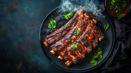 A tantalizing view of smoky barbecue ribs garnished with fresh herbs, served on a dark plate. Perfect for showcasing delicious meat dishes in culinary photography.の素材
