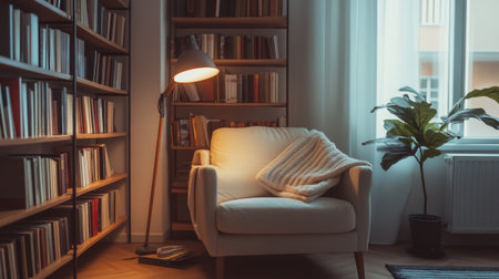 A cozy reading nook featuring a comfy chair and warm lamp, surrounded by bookshelves and lush greenery, creating a serene and inviting atmosphere for relaxation.の素材