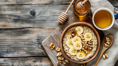 A cozy breakfast scene featuring a bowl of oatmeal topped with banana slices and walnuts, drizzled with honey, complemented by a cup of tea.の素材