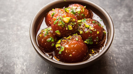 A bowl filled with sweet syrup dumplings, garnished with chopped pistachios, showcasing a rich, indulgent dessert perfect for celebrations.の素材