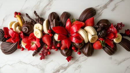 A stunning arrangement featuring fresh fruits, chocolate treats, and vibrant flowers, perfect for celebrations, events, or special occasions.の素材