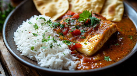 A mouth-watering plate featuring savory curry, fluffy rice, and warm flatbread, garnished with fresh herbs, perfect for a satisfying meal.の素材