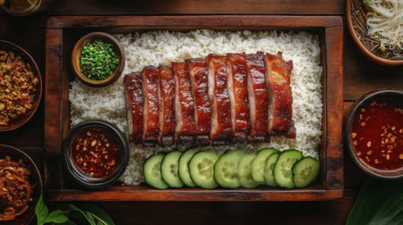 A delectable plate of grilled pork served with white rice and fresh cucumber slices. Garnished with herbs and dipping sauce, showcasing vibrant flavors.の素材