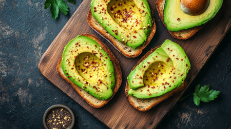 Enjoy fresh avocado toast artfully arranged on a wooden board, topped with spices and served with a side of seasoning. A perfect healthy breakfast!の素材