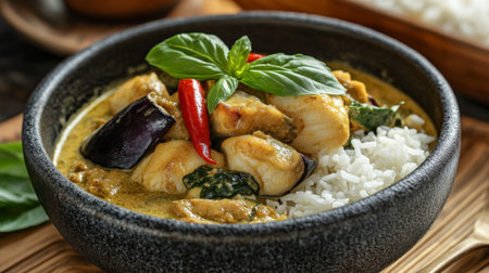 A tempting bowl of fish curry served with white rice and garnished with fresh herbs. This dish features vibrant colors and rich flavors, perfect for a satisfying meal.の素材