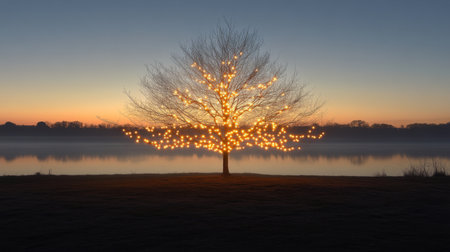 A stunning tree adorned with glowing lights reflects beautifully in the calm water at sunset, creating a tranquil and magical atmosphere.の素材