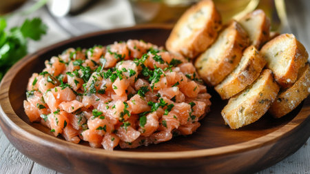 A vibrant salmon tartare garnished with fresh herbs, served alongside crispy toast slices. Perfect for a gourmet appetizer or elegant dining experience.の素材