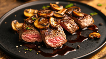 A delicious plate of perfectly cooked steak topped with sautの素材