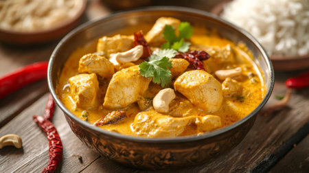 A vibrant bowl of aromatic chicken curry served with rice, featuring spices, nuts, and fresh herbs, perfect for a gourmet meal or comforting dinner.の素材