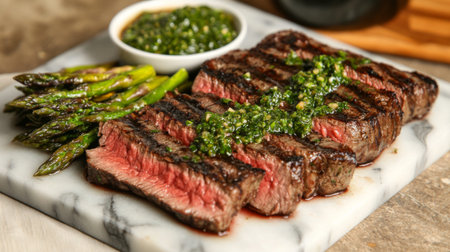 A beautifully plated grilled steak with chimichurri sauce and fresh asparagus, showcasing a delicious gourmet meal perfect for any occasion.の素材