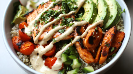 A vibrant healthy salmon quinoa bowl filled with fresh vegetables, grilled salmon, and drizzled with creamy sauce. Perfect for nutritious meals.の素材