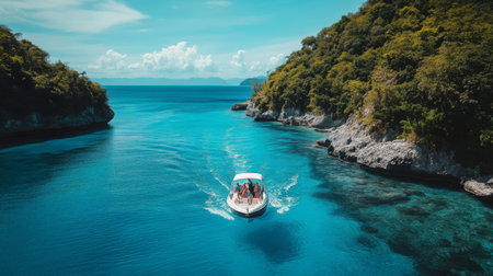 A stunning boat ride through tranquil waters surrounded by lush greenery and vibrant blue skies, perfect for a memorable getaway adventure.の素材