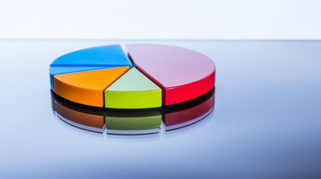 A vibrant pie chart on a reflective surface, ideal for representing data analysis, business presentations, or marketing strategies in a modern design.の素材