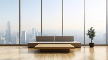A modern living room featuring a stylish sofa and coffee table, with large panoramic windows showcasing a vibrant city view, filled with natural light.の素材