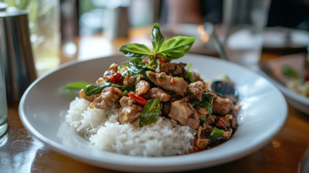 A beautifully arranged Asian chicken dish served over white rice, garnished with fresh basil and peppers, showcasing vibrant colors and rich flavors.の素材