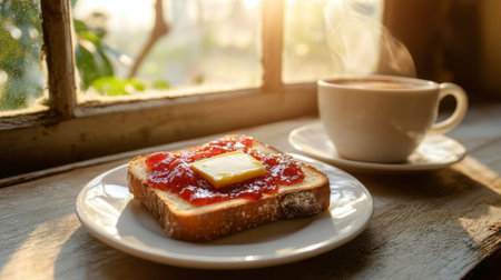 A cozy breakfast scene featuring a slice of toast topped with butter and jam, accompanied by a steaming cup of coffee beside a sunlit window.の素材
