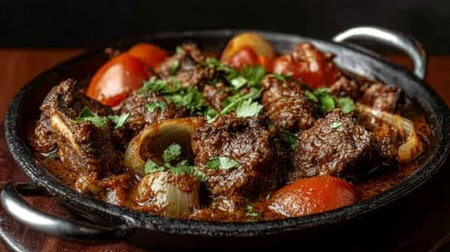 A vibrant dish featuring tender meat and fresh vegetables in a flavorful sauce. This culinary presentation highlights a mix of spices and textures.の素材